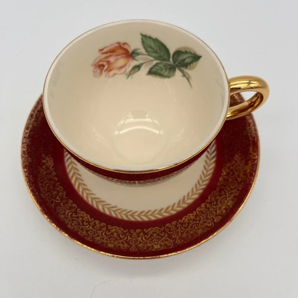 Homer Laughlin Lady Stratford Tea Cup and Saucer Set Maroon Gold Rose 2 Piece